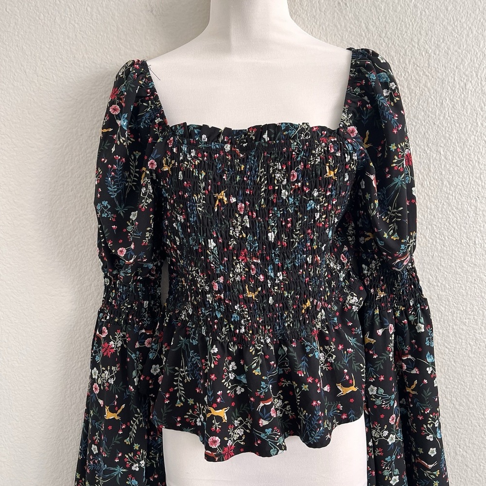 Meraki Large Top Blouse Smocked Bell Sleeve Floral Woodland Fox Deer Cottagecore